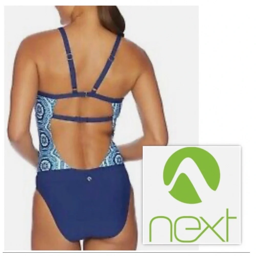 NEXT Women Spice Market Contour One Piece Swimsuit Beach‎ Summer Blue Geom Small